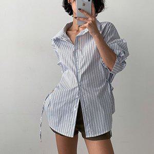 [옷자락]여자 스트라이프 리본 슬림핏 힙커버 루즈핏 봄 셔츠