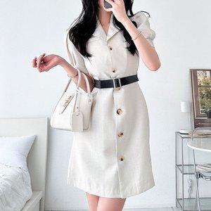 [옷자락]여자 포멀 하객룩 퍼프 벨트 셔츠 카라 미니원피스_P369566787