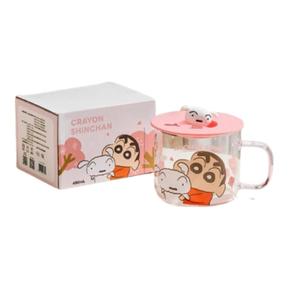 여아 짱구 칼라물컵 손잡이 입체 피규어 뚜껑 유리컵 480ml 핑크 유아컵 아기물병