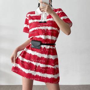 여자 반소매 빨간색 레이스 줄무늬 카라넥 미니원피스