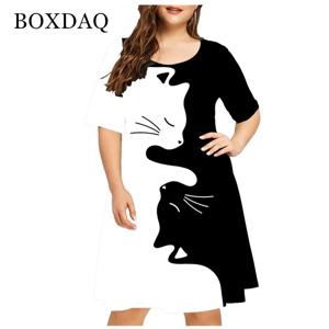 새로운 2021 여름 여성 귀여운 고양이 프린트 드레스 캐주얼 반팔 숙녀 미니 드레스 스트리트 패션 플러스 사이즈 여성 의류 4XL