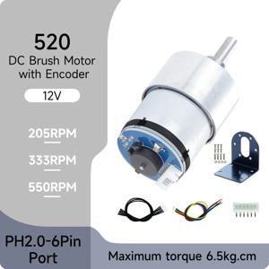 인코더가있는 12V 520 DC 모터 205RPM 333RPM 550RPM 6mm D 형 샤프트 고 토크 밸런스 AckermanCar 용 모든 금속 기어 박스 모터