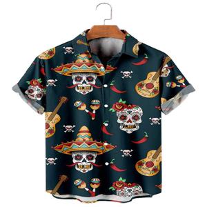 패션 해골 꽃 남자 셔츠 재미 있은 해골 3D 인쇄 streetwear 짧은 소매 티셔츠 하와이 셔츠 인쇄 옷깃 셔츠 남성용