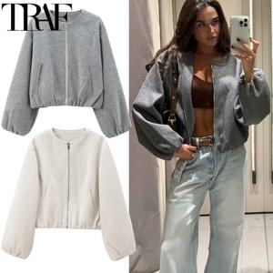TRAF Outerwears 자른 폭격기 재킷 여성 가을 ​​긴 소매 가짜 울 코트 여성용 겨울 지퍼 업 그레이 베이지 짧은 코트