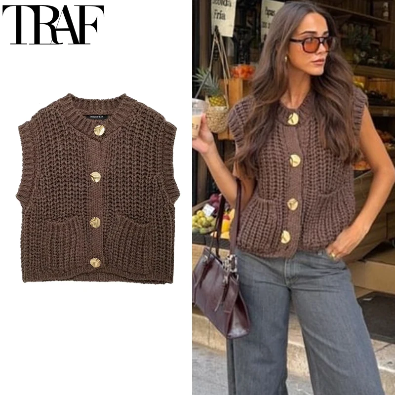 TRAF 여성 조끼 겉옷 민소매 갈색 스웨터 니트 조끼 여성 Preppy 자른 스웨터 가을 겨울 조끼 여성 Knitwears