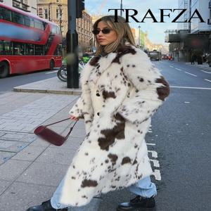 TRAFZA 여성 우아한 긴 소매 옷깃 싱글 브레스트 자켓 여성 겨울 따뜻한 두꺼운 캐주얼 동물 프린트 가짜 모피 롱 코트