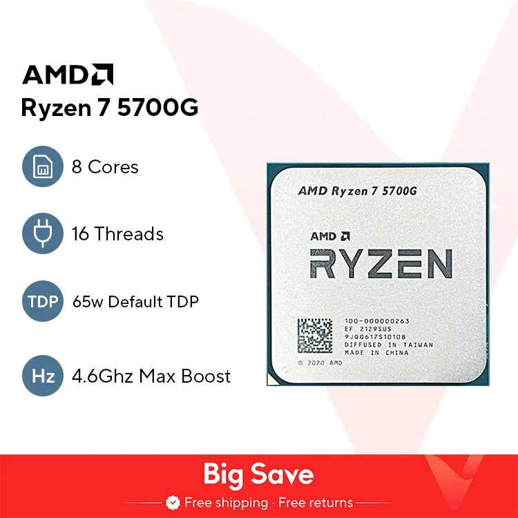 AMD Ryzen 7 5700G 3.8GHz 베이스 클럭, 8 코어 16 스레드 데스크탑 프로세서 CPU, AM4 소켓, AMD Radeon 그래픽, 방열판 선풍기 없음