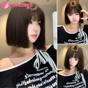 FORLISEE 합성 가발 짧은 블랙 브라운 여성용 앞머리 밥 스트레이트 가발 고온 일일 코스프레 파티 가발