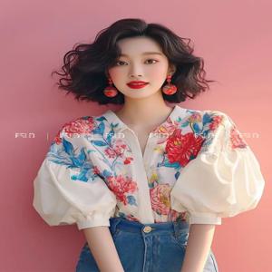 세련된 복고풍 기질 프렌치 탑 퍼프 슬리브 꽃무늬 셔츠 2025 신상 여성 여름 가디건