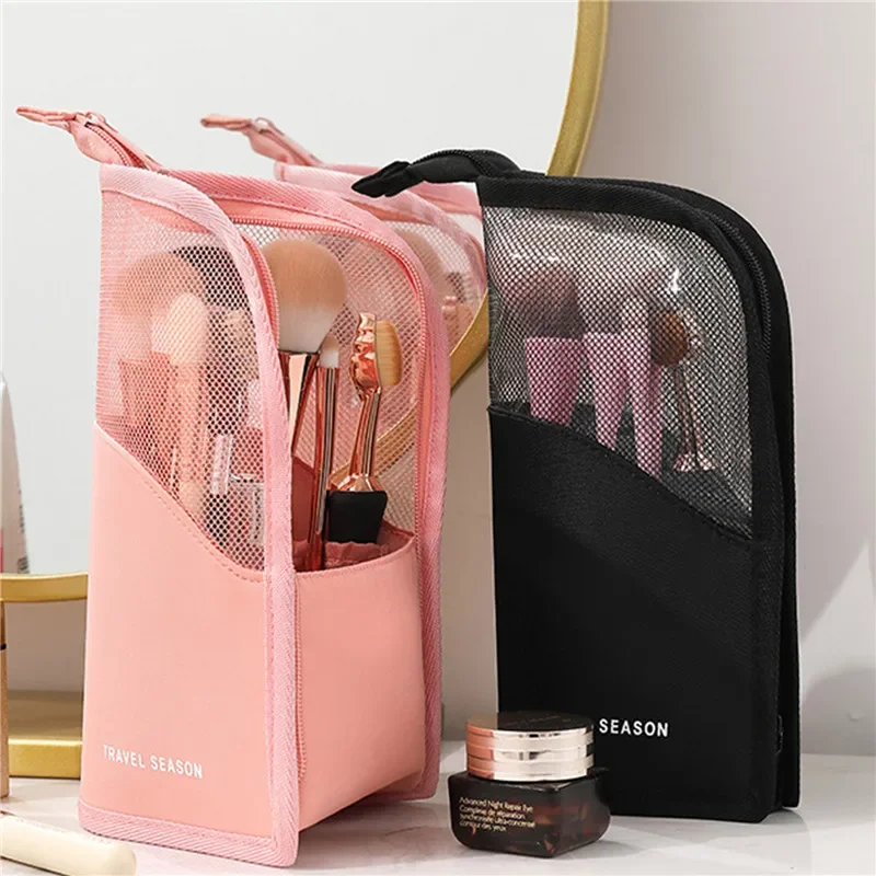 메이크업 브러쉬 케이스 메이크업 브러쉬 홀더 여행용 방수 화장품 가방 지퍼가 달린 스탠드업 접이식 메이크업 컵(블랙 + 핑크)