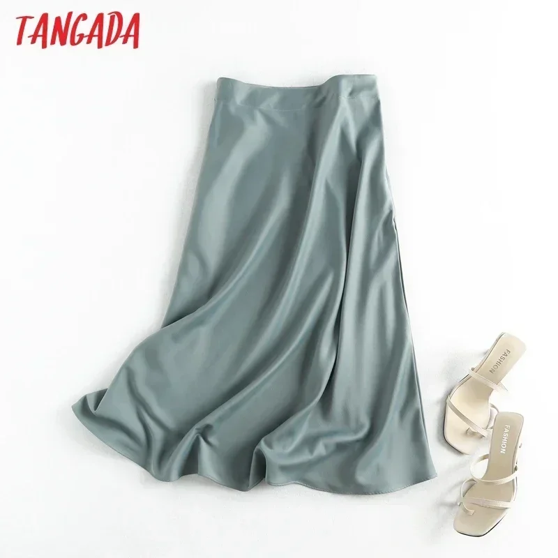 Tangada 여성용 단색 새틴 미디 스커트, 빈티지 사이드 지퍼, 사무실 숙녀용 우아한 시크 A 라인 스커트, 6D18