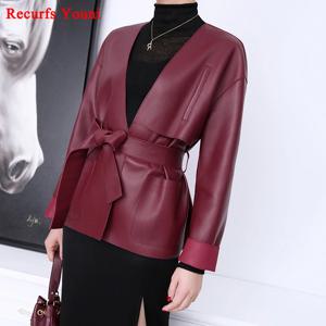 여성 정품 가죽 자켓 여성 일본 세련된 깊은 v 넥 코트 벨트 와인 레드 긴팔 Veste Femme Popa De Mujer