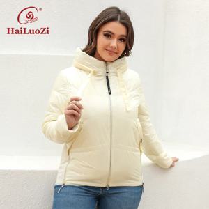 HaiLuoZi-캐주얼 패션 사이드 지퍼 코트 짧은 퀼트 파카 후드 따뜻한 의류 여성용, 봄 가을 7050