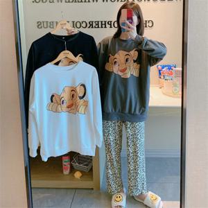 디즈니 만화 라이온 킹 심바 잠옷 여성 봄 가을-긴팔 바지 새 여자 2pcs 레오파드 프린트 Homewear Suit