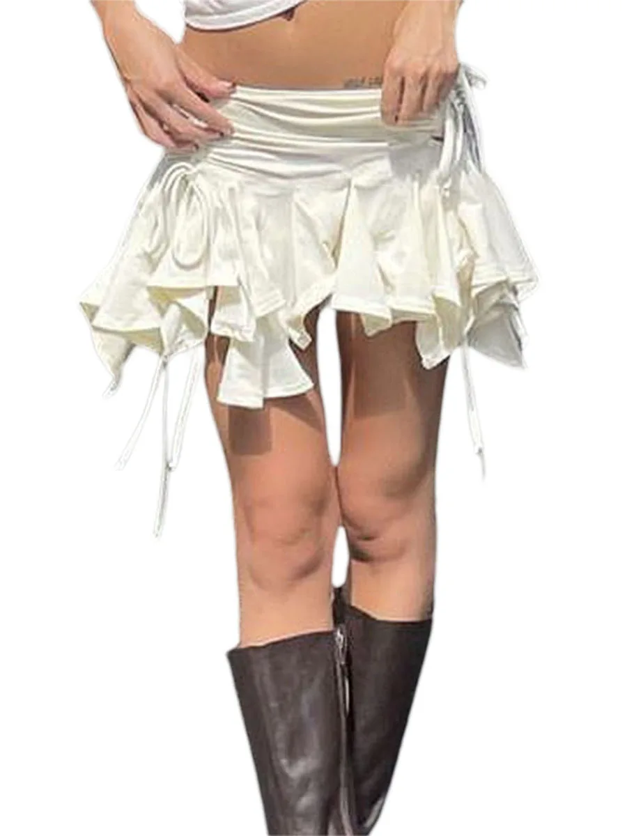 여성 솔리드 컬러 고딕 펑크 불규칙 스커트 여름 패션 Drawstring Tie-Up Ruched Ruffles 미니 스커트 블랙/화이트
