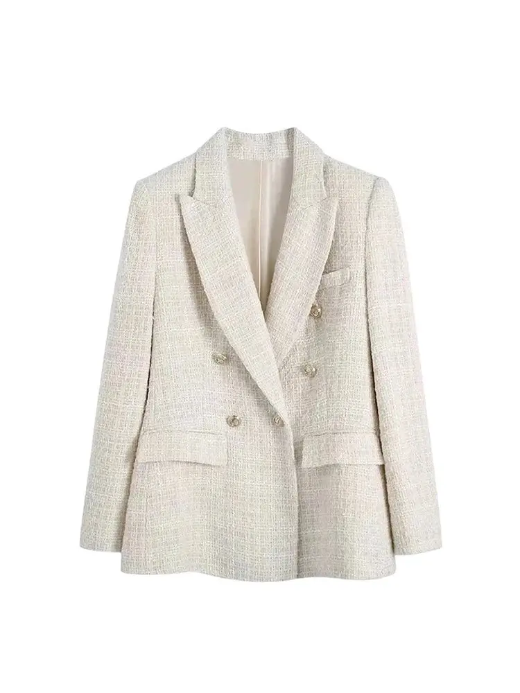 TRZA 여성 패션 트위드 더블 브레스트 블레이저 코트 빈티지 긴 소매 플랩 포켓 여성 겉옷 Chic Veste Femme