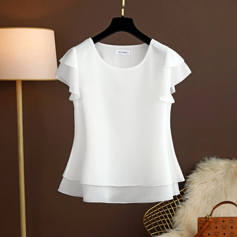 M-6XL 패션 브랜드 여름 오버 사이즈 루즈하고 얇은 캐주얼 블라우스 탑 반소매 시폰 탑 화이트 블라우스 그린 여성상의