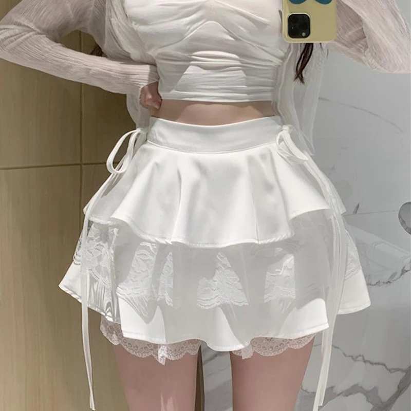 Y2K 스위트 솔리드 여성 미니 스커트 여름 높은 허리 레이스 패치 워크 숙녀 볼 가운 패션 모든 경기 프릴 여성 스커트