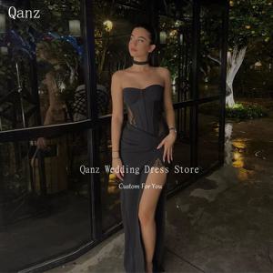 Qanz 블랙 레이스 무도회 드레스, 연인 코르셋 이브닝 드레스, 우아한 인어 하이 슬릿 새틴, 맞춤형