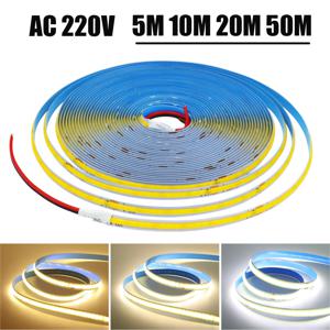 5M 10M 20M 50M/롤 COB 스트립 AC 220V 240Leds/M IP20 3000K 4000K 6000K 드라이버 빌드 홈 장식 유연한 리본 로프 LED 조명
