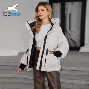ICEbear 2024 겨울 여성 짧은 캐주얼 루즈 라이트 재킷, 큰 주머니가 달린 후드, 지퍼 다운 코트, GWD4609I