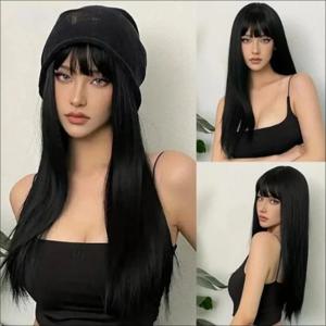 검은 합성 가발 여성 긴 직선 머리 자연 앞머리 머리 매일 파티 착용 내열성 전체 헤드 커버
