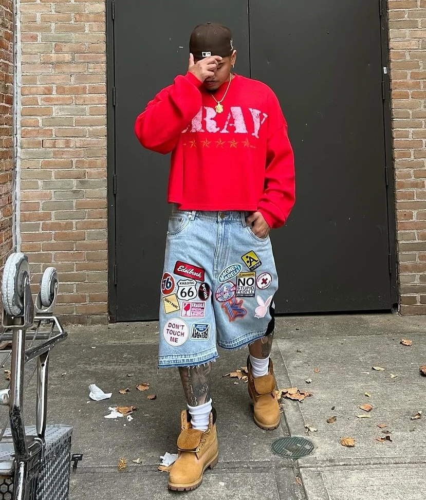 Y2K 청바지 남성 여성 힙합 만화 그래픽 streetwear 레트로 패치 워크 데님 짧은 레트로 블루 루즈 데님 피트니스 캐주얼 반바지