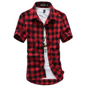 빨간색과 검은 색 격자 무늬 셔츠 남성 셔츠 2024 뉴 여름 패션 Chemise Homme Mens 체크 무늬 셔츠 반소매 셔츠 남성 블라우스