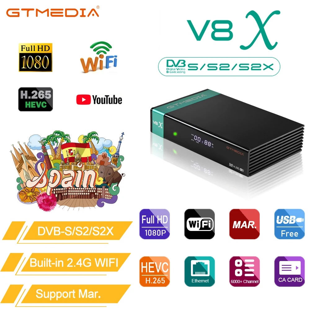 GTMEDIA V8X 화성 위성 수신기 DVB-S/S2/S2X 1080P HD 내장 2.4G WIFI H.265 지원 SAT-Gtplayer CA 카드 TV 수신기