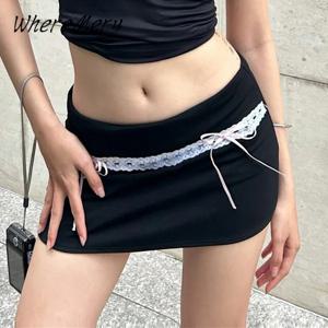 WhereMery 섹시한 레이스 스티치 블랙 스커트 Y2K 보우 레이스 업 하이 웨이스트 힙합 짧은 드레스 2024 여름 streetwear 휴가 Bodycon 스커트
