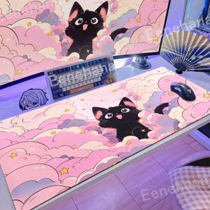 구름 위의 검은 고양이 키보드 마우스 패드 카와이 아트 스타일 패턴 핑크 데스크 매트 PC 게이머 러그 사무실 카펫 홈 테이블 패드
