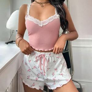 섹시한 여성 잠옷 세트, 레이스 패치워크, V넥 잠옷, 캐미 탑, 프린트 반바지, 부드러운 2psc 잠옷 라운지웨어