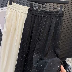 Lucyever 하이 퀄리티 여성용 럭셔리 풀 라인스톤 스트레이트 팬츠, 하이 웨이스트, 루즈 와이드 레그 팬츠, 솔리드 캐주얼 팬츠, 패션