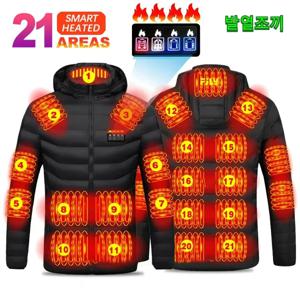 -20 ℃   겨울 21 구역 난방복 USB 지능형 온도 조절 멀티 기어 조정 후드 코튼 자켓 블랙 코트 발열조끼