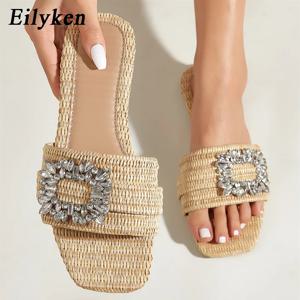 Eilyken 여름 반짝이 라인 석 여성 슬리퍼 밝은 다이아몬드 플랫 바닥 지팡이 크리스탈 샌들 비치 슬라이드 신발 Zapatos muje