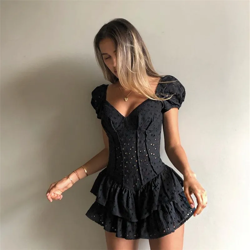 V 넥 프릴 플리츠 드레스 여성 퍼프 슬리브 세련된 블랙 여름 드레스 2023 파티 할로우 빈티지 Bodycon 드레스 코르셋 숙녀