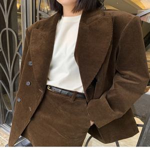여성용 벨벳 세트 코트, 더블 브레스트 딥 다크 브라운, 루즈 실루엣, 서양 스타일 아우터, 가을 겨울