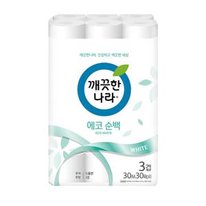 깨끗한나라 부드럽고 깨끗한 3겹 에코 순백 소프트 엠보싱 30m 30롤 화장지 휴지