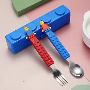 높은 가치 재미 크리 에이 티브 빌딩 블록 휴대용 칼 붙이 스테인레스 스틸 칼 붙이 어린이 조립 포크와 스푼 세트