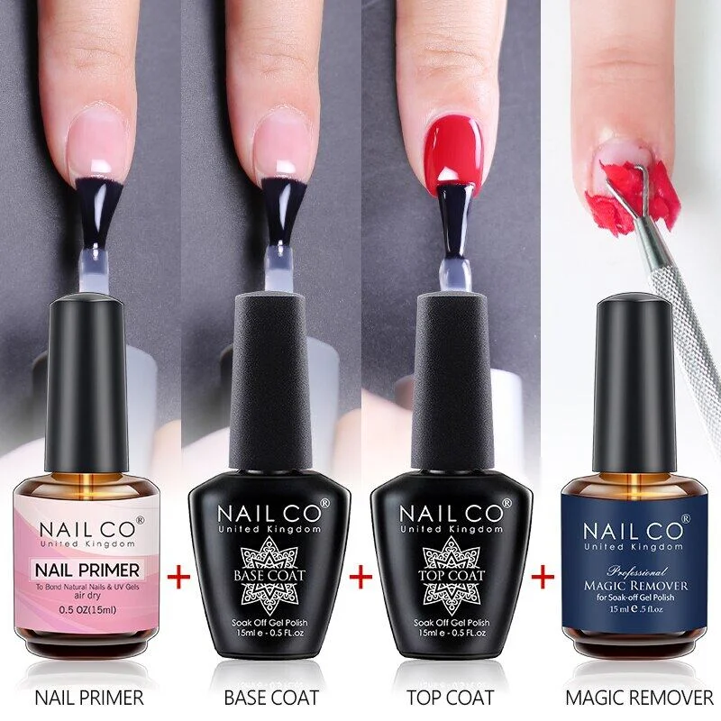 NAILCO 탑 코트 베이스 코트 젤 네일 프라이머 젤 리무버, 네일 아트 반영구 래커 바니시 하이브리드 네일 용품, 15ml