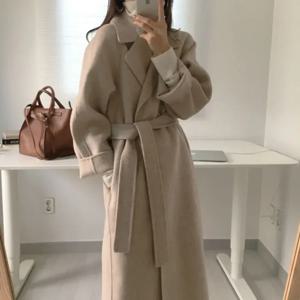 긴 모직 코트 여성 미디 허리 레이스 업 벨트 블렌드 스플 라이스 풀 슬리브 카디건 솔리드 두꺼운 따뜻한 자켓 스트레이트 겨울