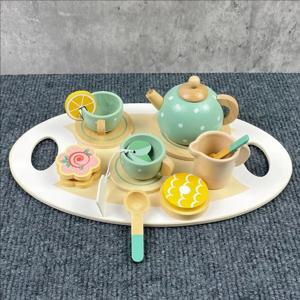 어린 소녀를위한 나무 차 세트 나무 장난감 유아 차 세트 어린이를위한 놀이 주방 액세서리 놀이 음식 티 파티 장난감 척