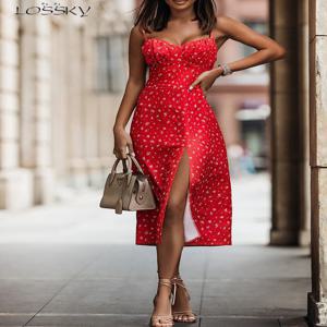 여름 섹시한 미디 드레스 여성 패션 흰색 꽃 프린트 백리스 비치 Sundresss 캐주얼 슬림 슬릿 민소매 드레스 2024 신규