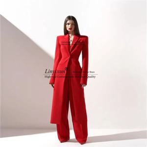 여성용 긴 정장 2 피스 자켓 + 바지 슬림 피트 1 버튼 하이 스트리트 럭셔리 여성 의류 바지 세트 tailleur femm Customized