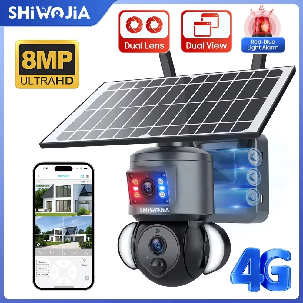 SHIWOJIA 4K 8MP 태양광 카메라 4G SIM/WIFI 보안 야외 듀얼 렌즈 녹화 휴머노이드 추적 컬러 야간 투시경 PTZ 캠