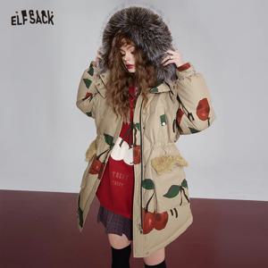 ELFSACK 여성용 그래픽 체리 다운 코트, 한국 패션, 2023 겨울 신상 디자이너 아우터