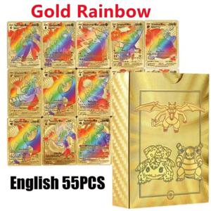 애니메이션 포켓몬 카드 55Pcs Charizard 피카추 골드 다채로운 영어 블랙 레인보우 희귀 전투 컬렉션 게임 카드 어린이 장난감 선물