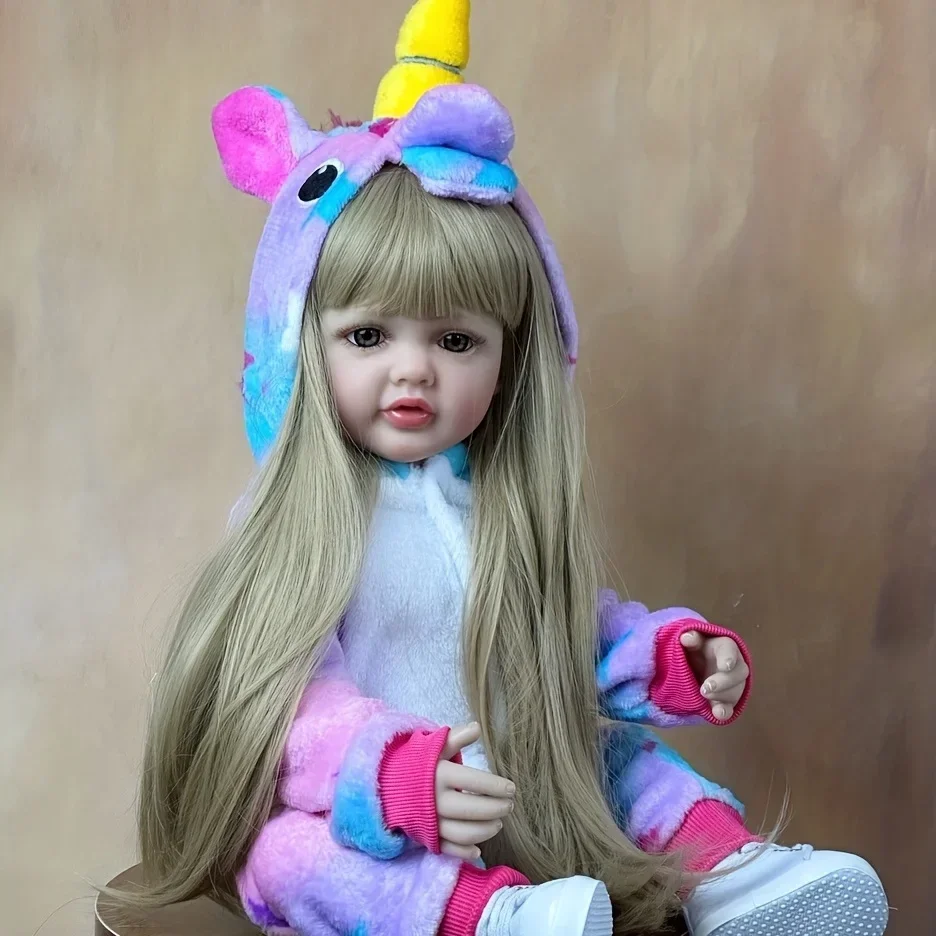BZDOLL 55cm 실물 같은 전체 실리콘 바디 다시 태어난 아기 소녀 인형 금발 긴 머리 살아있는 신생아 비비 사랑스러운 생일 선물