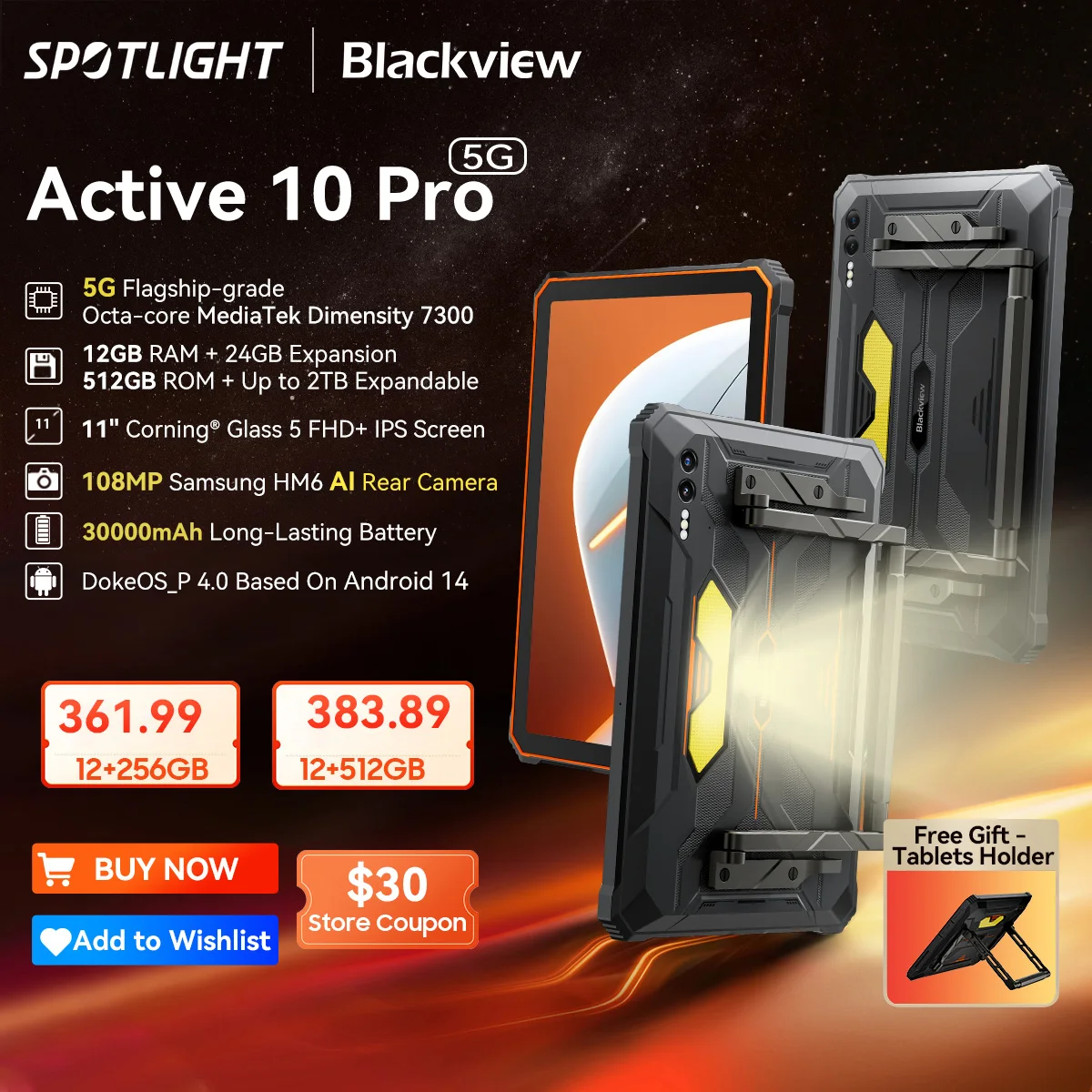 월드 프리미어 Blackview Active 10 Pro 견고한 태블릿, 5G MTK 7300, 11 인치 FHD + 디스플레이, 12GB 512GB, 30000mAh 배터리, 108MP 카메라