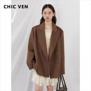 CHIC VEN 여성용 모직 블레이저, 루즈 빈티지 V넥 재킷, 세트 더블 브레스트 오피스 레이디 코트, 용수철 가을 2025